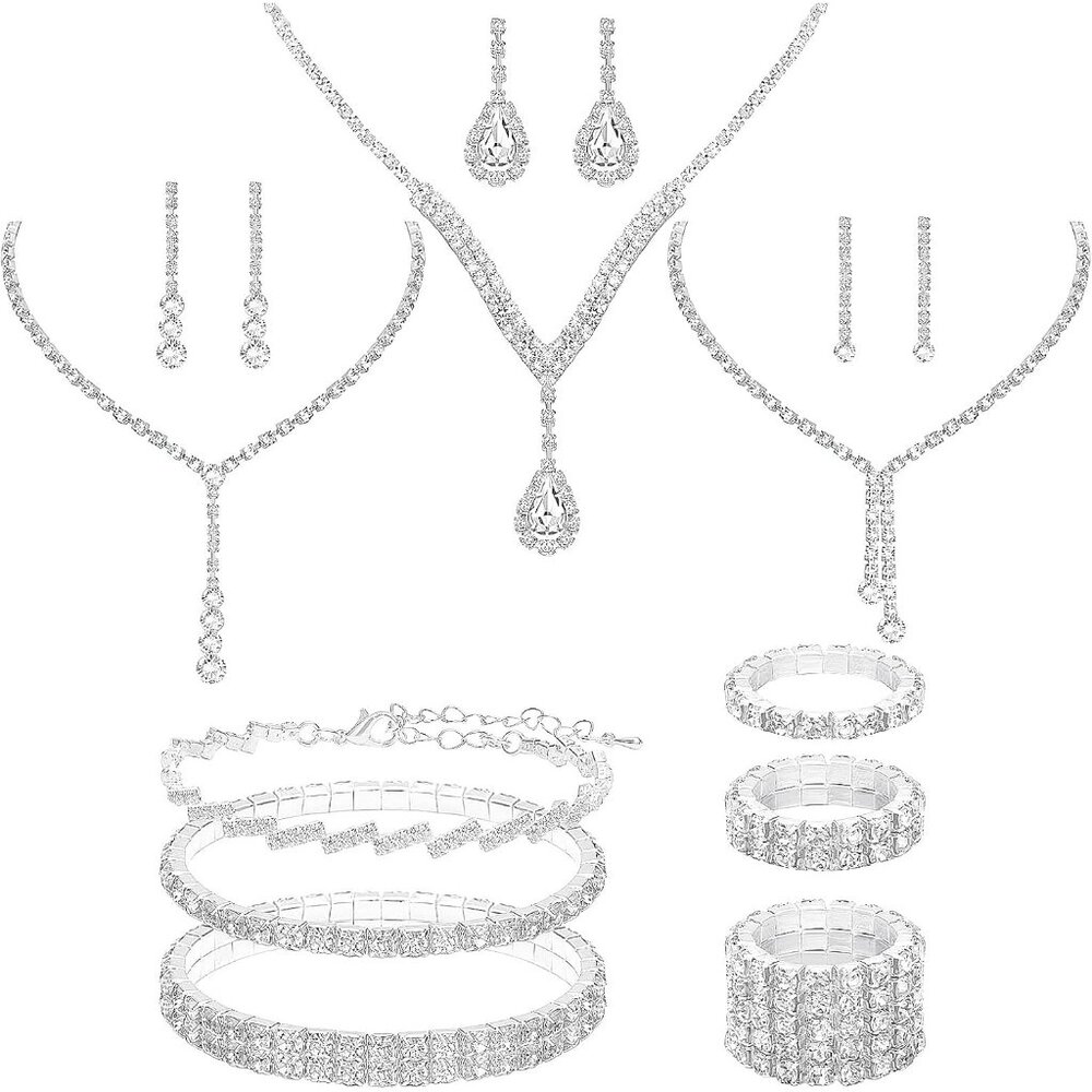 15 Pieces Silver Jewelry Set for Women Prom Costume Jewels Rhinestone Crystal Ne